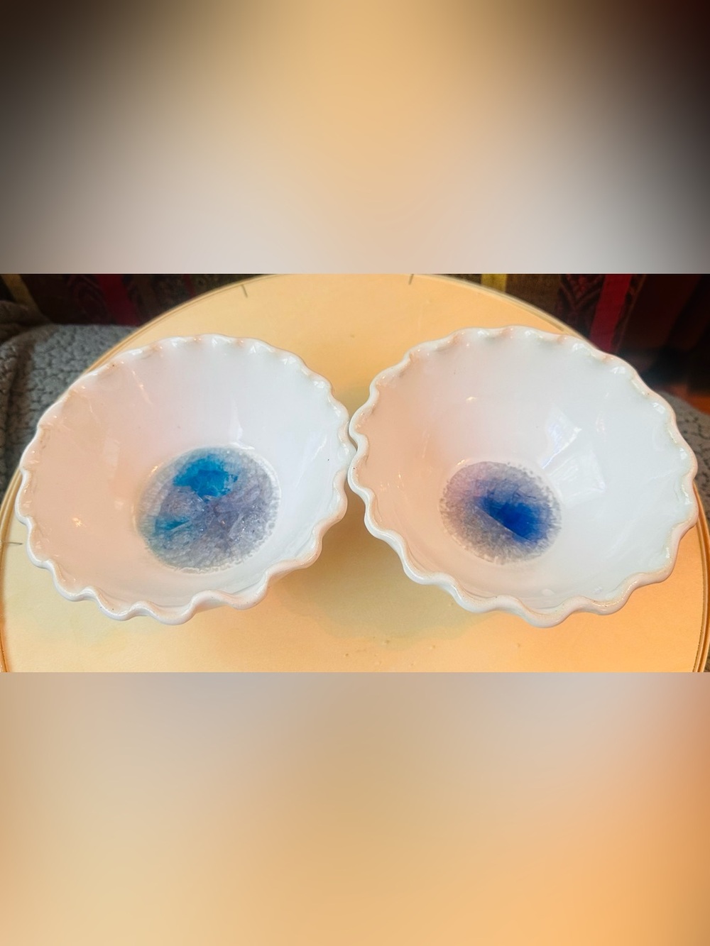 Handmade White Ceramic Scalloped Edge Bowls with Crackle Glass Accents 2